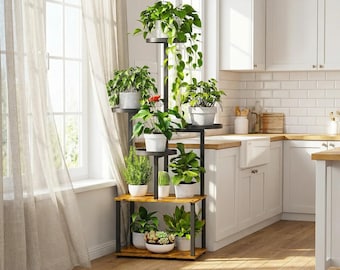 6 Tier Corner Plant Stand Indoor Tall Metal Shelf Rustic Brown Black