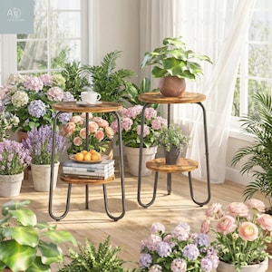 May include: Two rustic plant stands with three tiers each. The stands have round, wooden shelves and dark metal legs. One stand holds a potted plant, while the other holds books, fruit, and a teacup. The stands are surrounded by various potted plants and flowers.