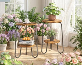 2 Tier Wooden Plant Stand Set Small Round Indoor Flower Pot Holder