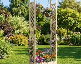 Wood Raised Garden Bed with Trellis Roof, Outdoor Planter for Climbing Plants