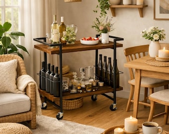 Bar Cart for Home, Rolling Beverage Cart with Wheels & Storage Shelf