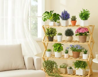 4 Tier Foldable Bamboo Plant Stand Display Rack for Indoor & Garden Pots