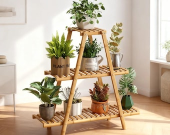 3 Tier Bamboo Plant Stand Indoor Outdoor Ladder Shelf Boho Decor