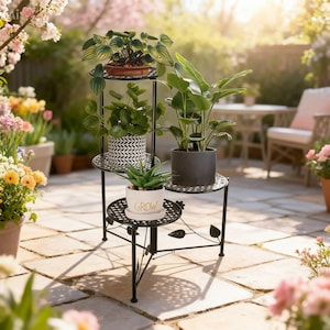 May include: A black, three-tiered plant stand with decorative leaf accents. The stand holds various potted plants, including a succulent in a pot that says "GROW". The stand is on a stone patio, with a garden in the background.
