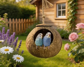 Coconut Bird Nest Hanging House for Parrots, Budgies & Lovebirds Toy Set