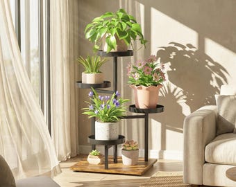 Black 4 Tier Plant Stand Indoor, Modern Metal Wood Flower Rack, Cat Proof
