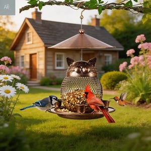May include: A cat-shaped bird feeder with a copper-colored roof and a wire mesh body. A blue jay, a red cardinal, and a hummingbird are perched on the feeder, enjoying the birdseed. The feeder hangs from a hook, with a house and flowers in the background.