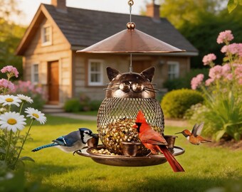 Cat Shaped Squirrel Proof Bird Feeder Metal Hanging Garden Decor