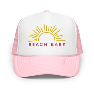 Beach Babe Trucker Hat – Pink Foam Mesh Hat with Embroidered Sun | Summer Bachelorette Hat, Vacation Accessory, Retro Beach Cap