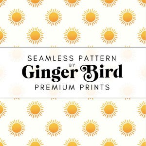 May include: A seamless pattern featuring a repeating design of yellow suns on a white background. The text "SEAMLESS PATTERN BY Ginger Bird PREMIUM PRINTS" is displayed in the center of the image.