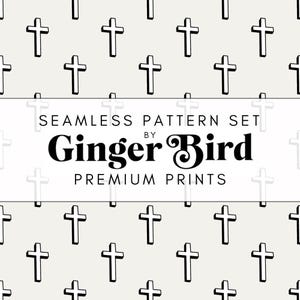 May include: A seamless pattern set of black crosses on a white background. The pattern is titled "Seamless Pattern Set by Ginger Bird Premium Prints".
