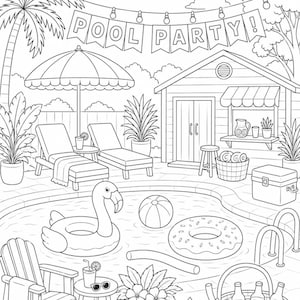 Könnte beinhalten: Eine schwarz-weiße Ausmalbild-Illustration einer Garten-Poolparty. Das Bild zeigt einen Swimmingpool mit einem Flamingo-Schwimmtier, einem Donut-Schwimmring, einem Strandball und einer Poolnudel, umgeben von Liegestühlen, einer Poolhütte, einer Palme, Topfpflanzen, einem Picknickkorb mit Flaschen und einem Banner mit der Aufschrift POOL PARTY!