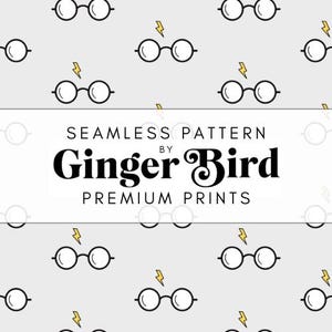 Puede incluir: Un patrón sin costuras que presenta un par de gafas con un rayo encima, repetido sobre un fondo gris claro. El patrón está etiquetado como "Seamless Pattern by Ginger Bird Premium Prints".