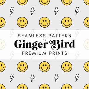 May include: A seamless pattern featuring yellow smiley faces and lightning bolts on a light gray background. The text "SEAMLESS PATTERN BY Ginger Bird PREMIUM PRINTS" is centered at the bottom of the image.
