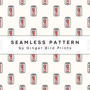 Puede incluir: Patrón sin costuras con ilustraciones repetidas de latas de Diet Coke. Las latas son plateadas con texto rojo y un fondo blanco. También está presente el texto "SEAMLESS PATTERN" y "by Ginger Bird Prints".