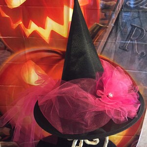 Hot pink Witch Hat Little Girls Witch Hat with Train Tulle and Satin Witch Hat Halloween Witch Costume Hat image 7