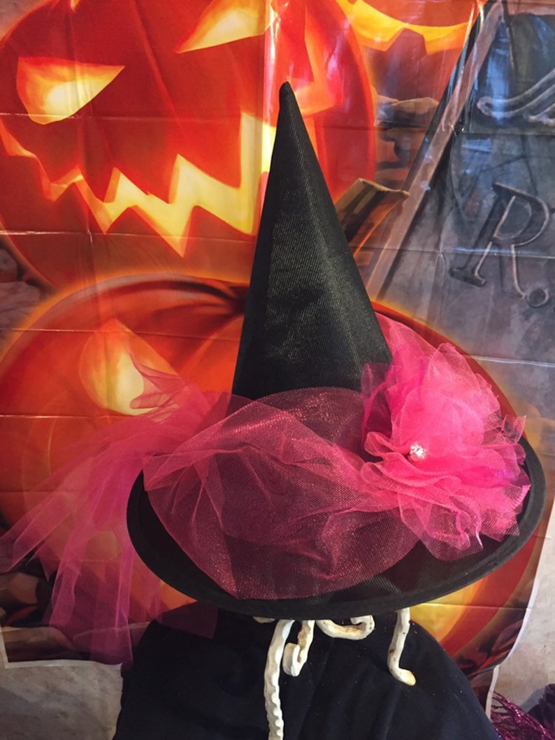 Hot pink Witch Hat Little Girls Witch Hat with Train Tulle and Satin Witch Hat Halloween Witch Costume Hat image 7