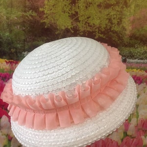 Girls White Straw Hat with Blush Ruffle Trim