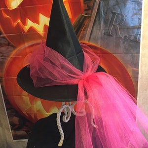 Hot pink Witch Hat Little Girls Witch Hat with Train Tulle and Satin Witch Hat Halloween Witch Costume Hat image 10