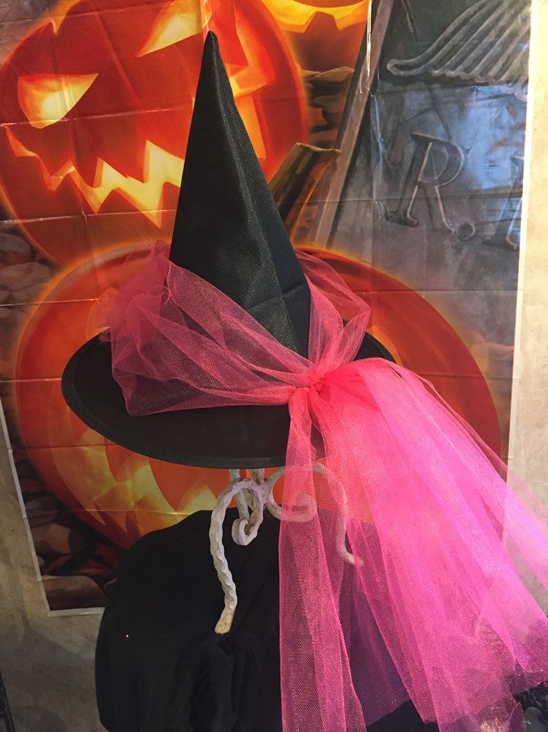 Hot pink Witch Hat Little Girls Witch Hat with Train Tulle and Satin Witch Hat Halloween Witch Costume Hat image 10
