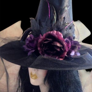 Elegant Black Witch Hat with Purple Flowers & Feathers, Halloween Costume Accessory
