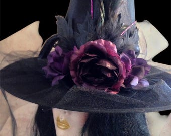Elegant Black Witch Hat with Purple Flowers & Feathers, Halloween Costume Accessory