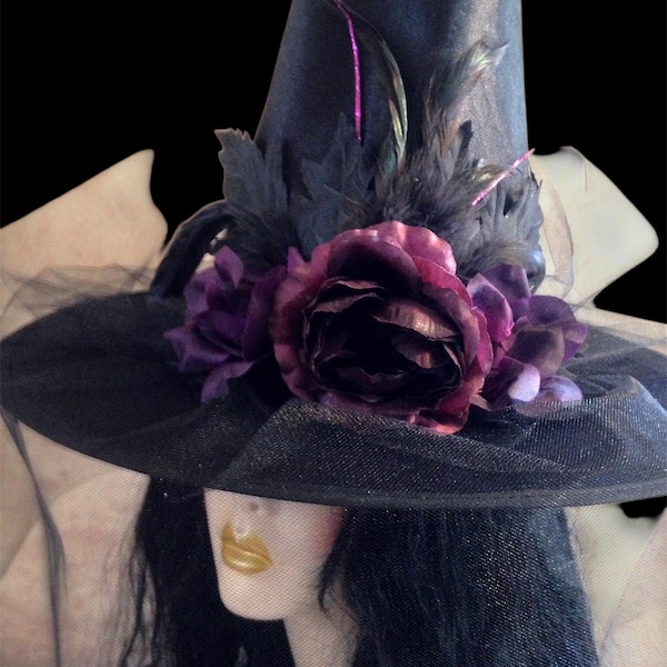Elegant Black Witch Hat with Purple Flowers & Feathers, Halloween Costume Accessory