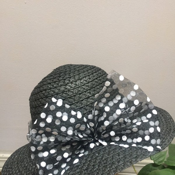 Womens Black Straw Hat with Polka Dot Bow - Sun Hat - Sunbonnet