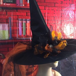 May include: A black witch hat with a wide brim and a tall pointed crown. The hat is decorated with a large orange and black flower with a rhinestone embellishment. The hat is on a mannequin against a red brick background.