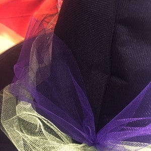 May include: A black witch hat with a purple and green tulle bow. The tulle is gathered at the top of the hat and flows down the sides.