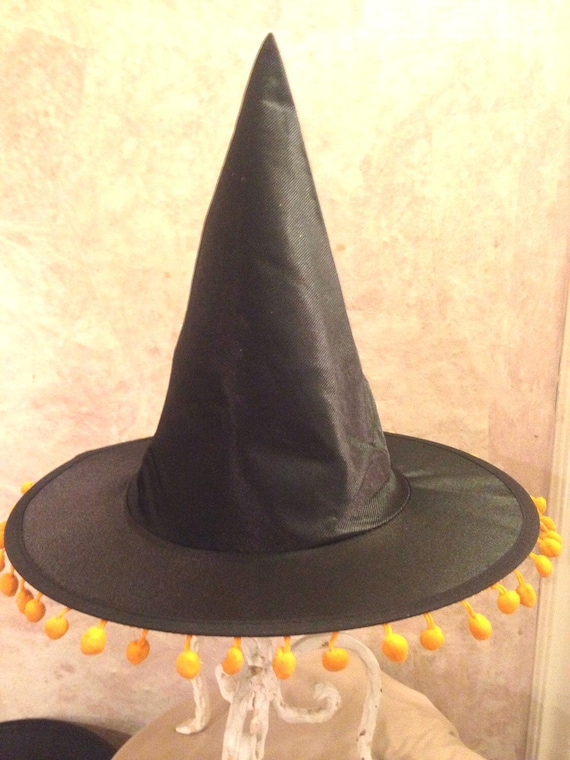 Little Girls Witch Hat with Pom Pom Trim - Girls Black Witch Hat - Child's Witch Hat