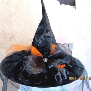 Gorgeous Orange and Black Witch Hat - Tulle and Organza Witch Hat with Tutu Train in back