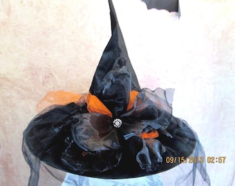 Orange and Black Tulle Witch Hat with Tutu Train