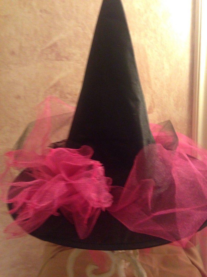 Hot pink Witch Hat Little Girls Witch Hat with Train Tulle and Satin Witch Hat Halloween Witch Costume Hat image 9