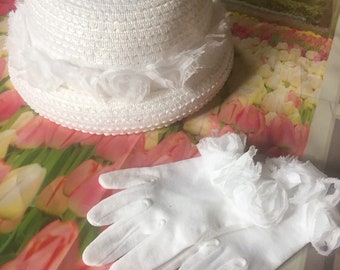 Little Girls White Hat with White Rosette Trim with Matching  Cotton Gloves