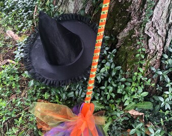 May include: A witch's hat and broom with a colorful tulle skirt and a striped handle. The broom is leaning against a tree trunk.