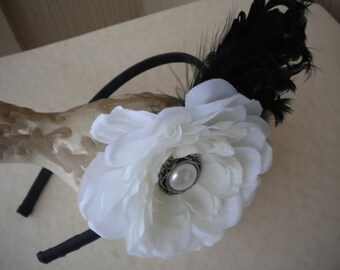 Elegant white floral headband with curly najorie feathers -black and white headband for girls and women