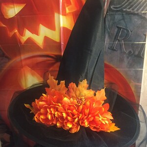 May include: A black witch hat with a wide brim and a tall pointed crown. The hat is decorated with orange flowers and brown leaves.