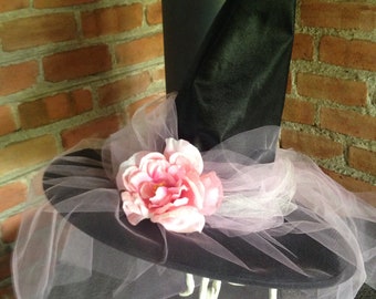 Pink Veil Witch Hat with Pink Tulle Train in back - Halloween Witch - Costume Witch Hat - Pink Witch