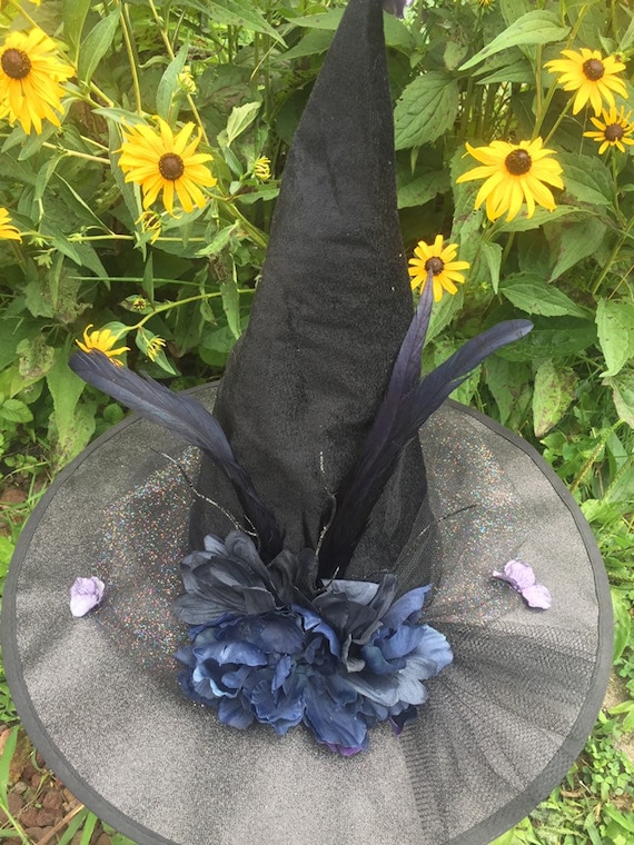 Custom Handmade Black Witch Hat with Blue Floral & Feather Trim Custom Witch Hat - Made to Order - Choose Your Color and  main image 3