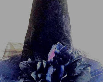 Midnight Blue Witch Hat: Navy Organza Flowers, Costume Hat