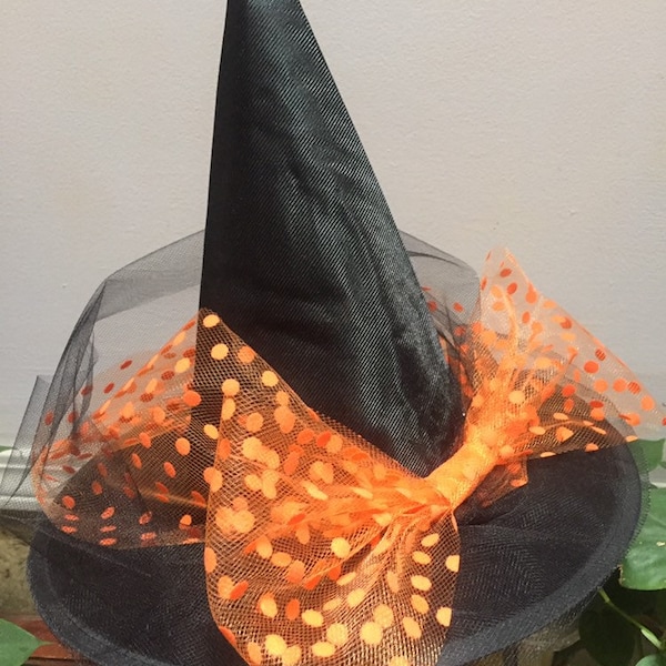 Little Girls Polka Dot Bow Witch Hat with Veil - Child Witch Hat - Orange - Black or Purple Bow