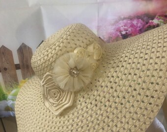 OOAK Women’s Wide Brim Floppy Hat - Bridal Hat - Kentucky Derby Hat - Off White Floppy Brim Hat