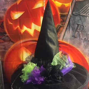 May include: A black witch's hat with a wide brim and a tall pointed crown. The hat is decorated with green and purple tulle and black ribbon.