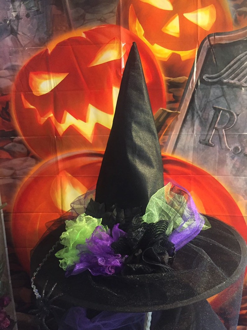 May include: A black witch's hat with a wide brim and a tall pointed crown. The hat is decorated with green and purple tulle and black ribbon.