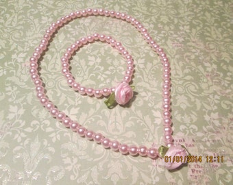 Girls Pink Pearl Set -  Faux Easter Pearls - Child's Pearl Set - Flower Girl Jewelry - Tea Party Pearls- ships free