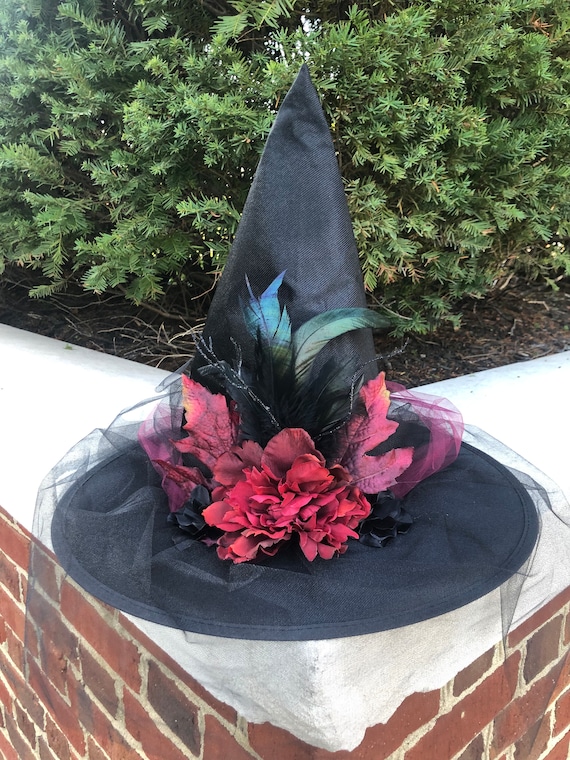Witch hat Blood red & black Feathers skeletons, vines & flowers 1 of 19\
