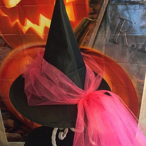 Hot pink Witch Hat Little Girls Witch Hat with Train Tulle and Satin Witch Hat Halloween Witch Costume Hat image 5