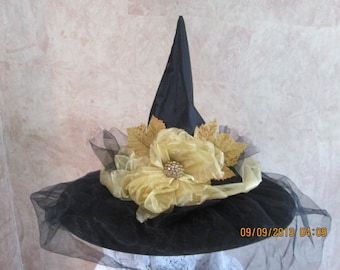 Enchanting Black Witch Hat: Gold Flower & Tulle Veil, Adult Costume