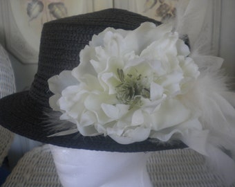 Women&#39;s black dress hat with ivory peony and ivory feathers -ladies derby hat -tea party hat -church -wedding hat